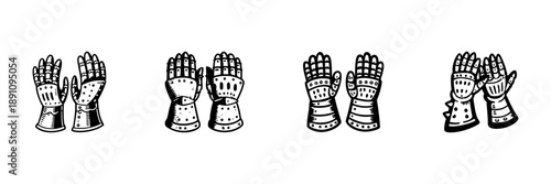 Medieval Gauntlet Gloves In Hand Drawn Style Set. Historical Armor Protection, Knight'S Battle Gear Doodle Sketch Collection. Vintage Warfare Equipment. Isolated Vector Illustration