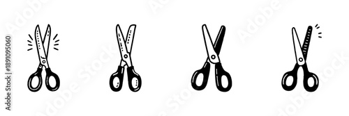 Scissors Icon Set In Hand Drawn Style. Cutting Tools, Crafting, And Office Supplies Doodle Sketch Collection. Artistic And Creative Design Elements. Isolated Vector Illustration