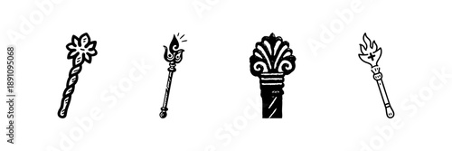 Magic Wands And Staffs In Hand Drawn Style Set. Fantasy, Wizardry, And Sorcery Doodle Sketch Collection. Mystical And Enchanted Tools. Isolated Vector Illustration