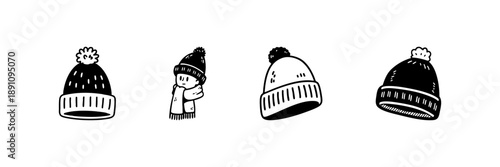 Winter Hat And Child In Hand Drawn Style Set. Cozy Warmth, Seasonal Fashion, Cold Weather Protection Doodle Sketch Collection. Isolated Vector Illustration