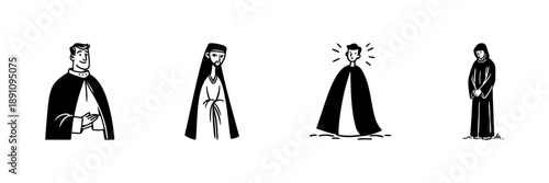 Religious Figures In Hand Drawn Style Set. Clergy, Monks, And Spiritual Leaders Doodle Sketch Collection. Traditional Attire And Expressions. Isolated Vector Illustration