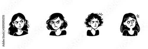 Four Angry Female Faces In Hand Drawn Style Set. Emotional Expression, Frustration, And Discontent Doodle Sketch Collection. Cartoon Character Illustrations. Isolated Vector Illustration