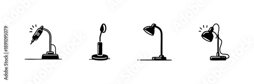 Desk Lamps In Hand Drawn Style Set. Illumination, Workspace Lighting, Home Office Decor Doodle Sketch Collection. Functional And Aesthetic Lighting. Isolated Vector Illustration