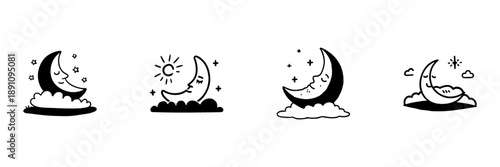 Sleeping Crescent Moon With Stars And Clouds In Hand Drawn Style Set. Nighttime Serenity, Dreamy Atmosphere, Celestial Doodle Sketch Collection. Peaceful Sleep Theme. Isolated Vector Illustration