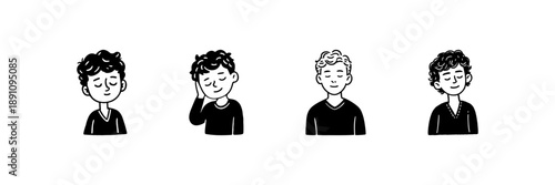 Four Male Characters With Closed Eyes In Hand Drawn Style Set. Relaxation, Meditation, Calmness, And Mindfulness Doodle Sketch Collection. Peaceful Expression. Isolated Vector Illustration