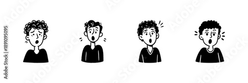 Four Male Facial Expressions In Hand Drawn Style Set. Emotional Reactions, Surprise, Shock, And Curiosity Doodle Sketch Collection. Expressive Character Illustrations. Isolated Vector Illustration