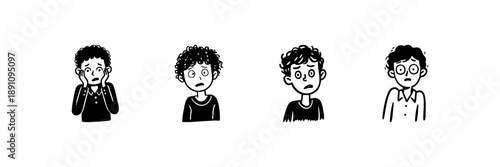 Four Worried Faces In Hand Drawn Style Set. Anxiety, Concern, Emotional Expression Doodle Sketch Collection. Cartoon Characters Displaying Nervousness. Isolated Vector Illustration