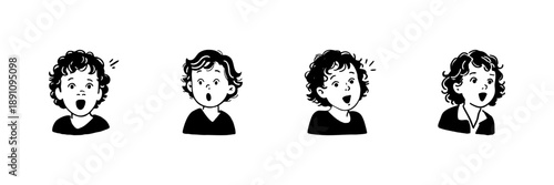 Child Expressions In Hand Drawn Style Set. Surprise And Curiosity Emotions Doodle Sketch Collection. Facial Reactions And Emotional Display. Isolated Vector Illustration