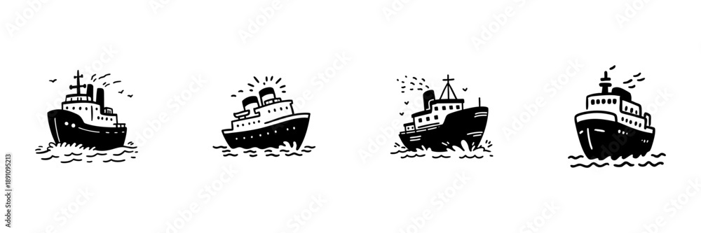Obraz premium Four Ship Illustrations In Hand Drawn Style Set. Nautical Transportation, Maritime Travel, Ocean Voyage Doodle Sketch Collection. Vintage Marine Vessels. Isolated Vector Illustration