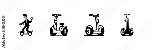 Electric Scooter Icons In Hand Drawn Style Set. Personal Transportation, Eco-Friendly Commuting, Urban Mobility Doodle Sketch Collection. Isolated Vector Illustration