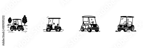 Golf Cart Illustrations In Hand Drawn Style Set. Leisure Transportation, Golf Course Mobility, Recreational Vehicle Doodle Sketch Collection. Isolated Vector Illustration