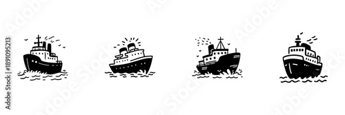 Four Ship Illustrations In Hand Drawn Style Set. Nautical Transportation, Maritime Travel, Ocean Voyage Doodle Sketch Collection. Vintage Marine Vessels. Isolated Vector Illustration