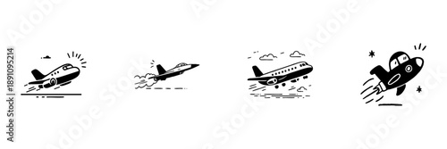 Airplane And Jet Icons In Hand Drawn Style Set. Aviation, Travel, And Transportation Doodle Sketch Collection. Flight And Aerospace Illustration. Isolated Vector Illustration