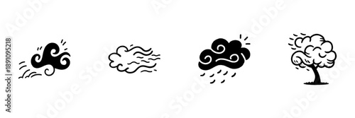 Weather Elements And Tree In Hand Drawn Style Set. Wind, Rain, And Nature Doodle Sketch Collection. Atmospheric Conditions Illustration. Isolated Vector Illustration