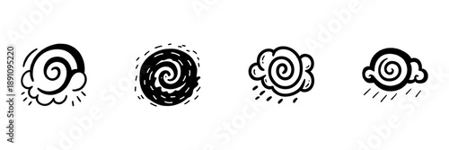 Swirling Cloud Icons In Hand Drawn Style Set. Weather Patterns, Storm, And Rain Doodle Sketch Collection. Atmospheric Phenomena Representation. Isolated Vector Illustration