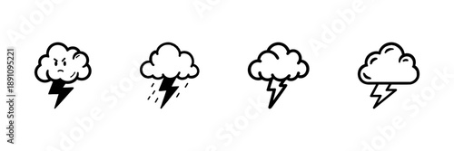 Clouds With Lightning In Hand Drawn Style Set. Weather Forecast, Storm, Thunderstorm, Rain Doodle Sketch Collection. Meteorological Symbols. Isolated Vector Illustration