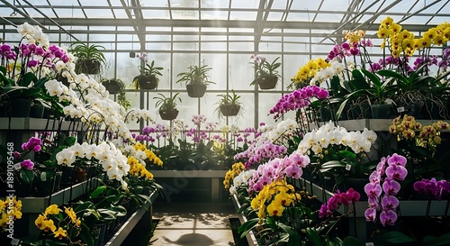 Beautiful Greenhouse Filled with Colorful Orchids in Bloom.