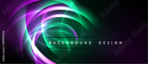 Abstract neon lights create swirling patterns. Vibrant green, purple hues dominate dark background. Modern design element.