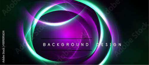 Abstract neon circles overlap, creating vibrant purple, green glow. Dark background emphasizes luminous design elements. Modern, stylish visual.