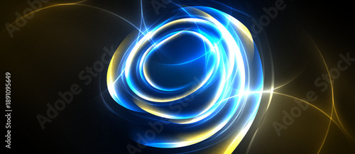 Bright swirling lights form abstract circular shapes against dark background. Golden, blue hues create dynamic visual effect.