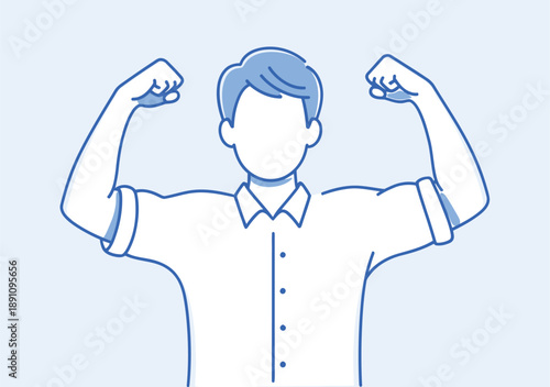 Minimalist vector illustration of a faceless businessman flexing his muscles. A concept for business strength, leadership, success, resilience, and personal power in a blue line art style.