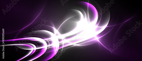 Abstract swirls, vibrant purple, white light streaks. Dynamic energy radiates from central point, dark background enhances luminosity.