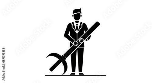 Businessman holding large pickaxe in hands standing confidently in formal suit and tie symbolizing industry and hard work