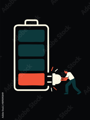Conceptual minimalist vector illustration showing a determined man actively plugging a giant plug into a low red battery segment to recharge
