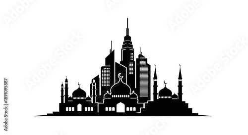 Black silhouette of a city skyline with mosque and skyscrapers on white background urban landscape