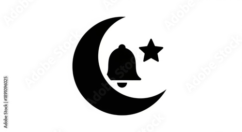Crescent moon with bell and star symbol on white background representing spirituality and mysticism