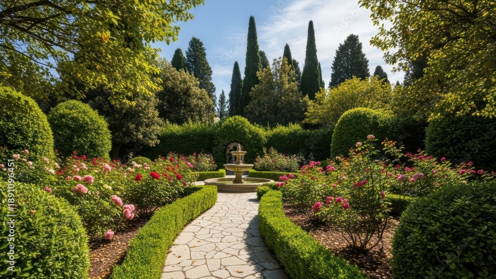 Obraz premium Serene garden with stone path, center fountain, vibrant roses, manicured hedges, tall trees, sunny blue sky