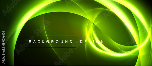 Abstract green design features flowing lines, bright neon glow. Dark background emphasizes curves, creating dynamic visual effect.