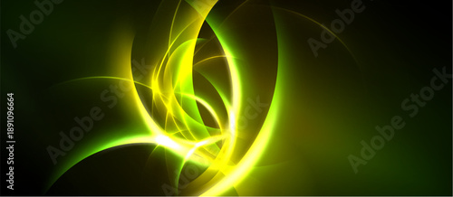 Bright yellow lines swirl against dark green background. Abstract energy radiates, creating dynamic visual impact. Smooth curves dominate composition.