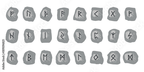 Set of hand drawn viking runes Rune stones with ancient norse alphabet characters engraved on them Scandinavian futhark germanic celtic Single element for design, print, web, decor