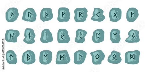 Set of hand drawn viking runes Rune stones with ancient norse alphabet characters engraved on them Scandinavian futhark germanic celtic Single element for design, print, web, decor