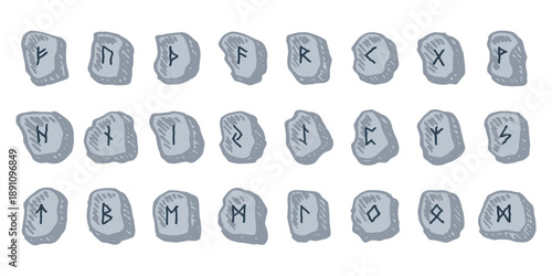 Set of hand drawn viking runes Rune stones with ancient norse alphabet characters engraved on them Scandinavian futhark germanic celtic Single element for design, print, web, decor