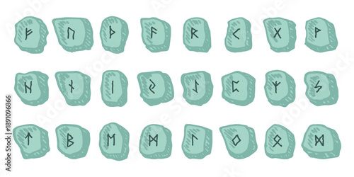 Set of hand drawn viking runes Rune stones with ancient norse alphabet characters engraved on them Scandinavian futhark germanic celtic Single element for design, print, web, decor