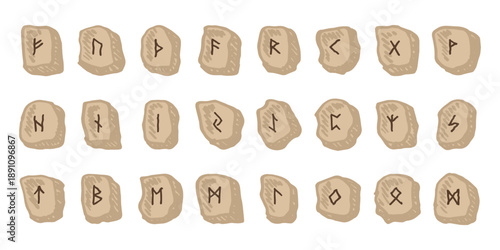 Set of hand drawn viking runes Rune stones with ancient norse alphabet characters engraved on them Scandinavian futhark germanic celtic Single element for design, print, web, decor