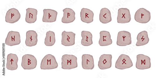 Set of hand drawn viking runes Rune stones with ancient norse alphabet characters engraved on them Scandinavian futhark germanic celtic Single element for design, print, web, decor
