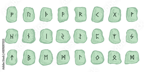 Set of hand drawn viking runes Rune stones with ancient norse alphabet characters engraved on them Scandinavian futhark germanic celtic Single element for design, print, web, decor