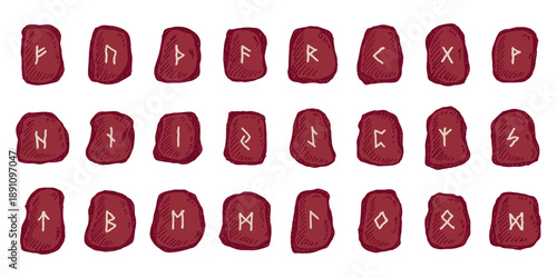Set of hand drawn viking runes Rune stones with ancient norse alphabet characters engraved on them Scandinavian futhark germanic celtic Single element for design, print, web, decor