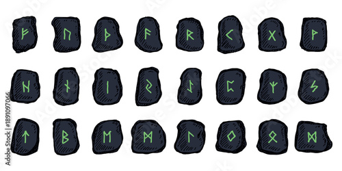 Set of hand drawn viking runes Rune stones with ancient norse alphabet characters engraved on them Scandinavian futhark germanic celtic Single element for design, print, web, decor