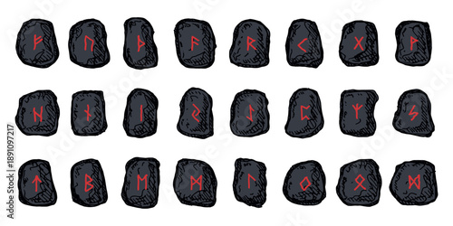 Set of hand drawn viking runes Rune stones with ancient norse alphabet characters engraved on them Scandinavian futhark germanic celtic Single element for design, print, web, decor