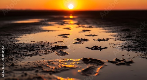 Sunset Reflections - Footprints in Water, Golden Hour Landscape.