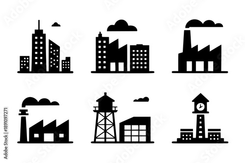 Set of 6 industrial cityscape icons vector isolated PNG with Transparent Background