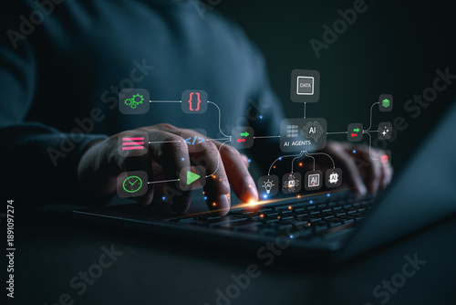 Developer orchestrating AI agents, automating code, data, and tasks through intelligent workflows, system integration, productivity optimization, scalable software architecture, digital operations.