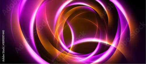 Abstract swirls, vibrant magenta, orange hues dominate black background. Dynamic energy radiates from central point. Smooth gradients create depth.