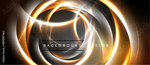 Abstract design features glowing lines, circles, curves. Dark background enhances bright orange, silver elements. Text reads background design.