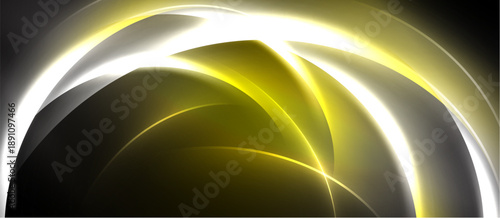 Abstract design features flowing golden, white lines. Curves create dynamic visual impact against dark background. Brightness contrasts sharply.