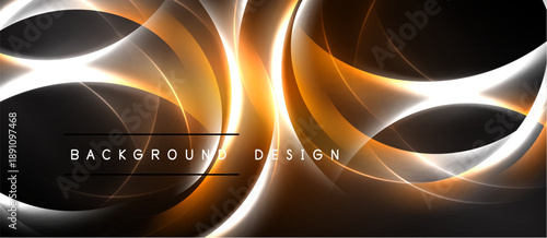 Abstract design features glowing orange curves over dark background. Text reads background design. Modern, dynamic visual composition.